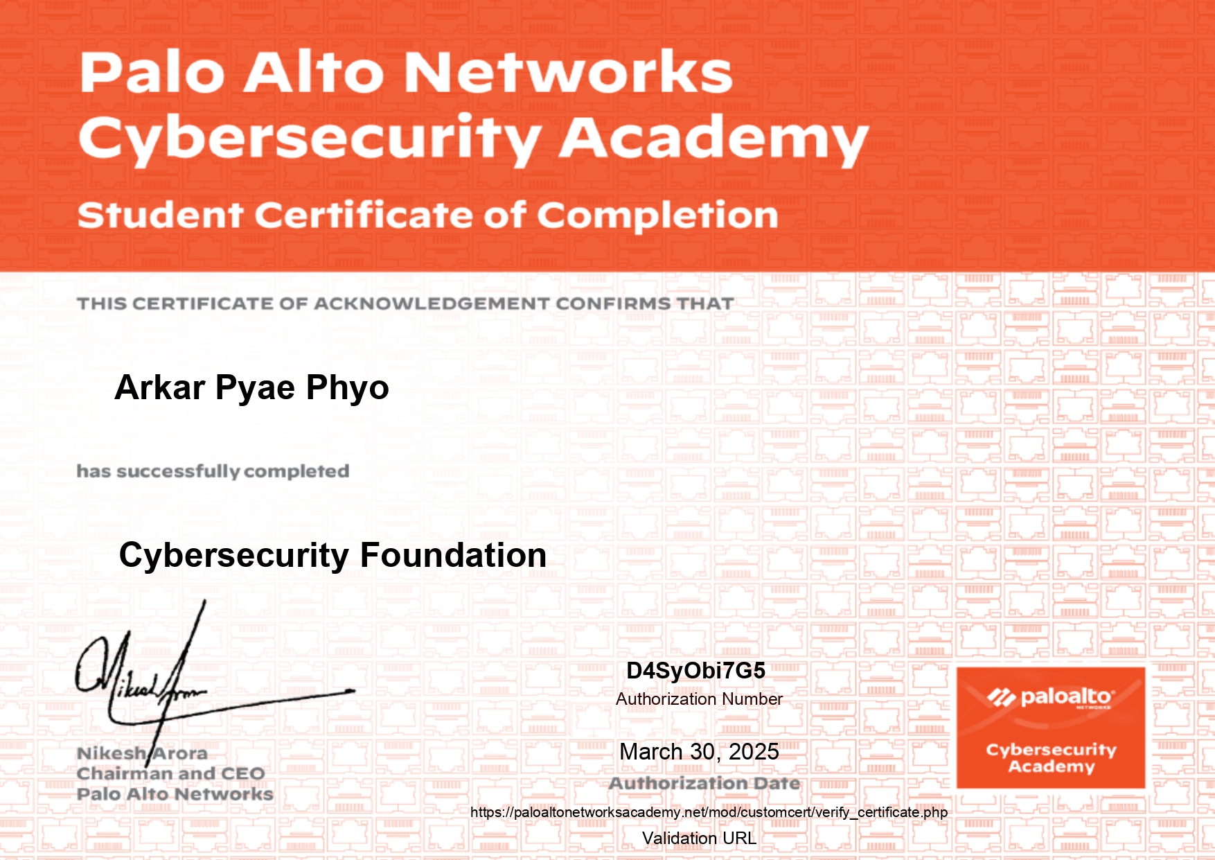 Cybersecurity Foundation certificate